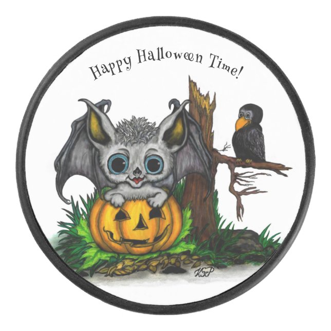 Waiting for Halloween , Cute Bat and Raven Hockey Puck (Front)