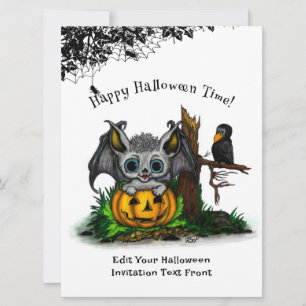 Waiting for Halloween , Cute Bat and Raven Invitation