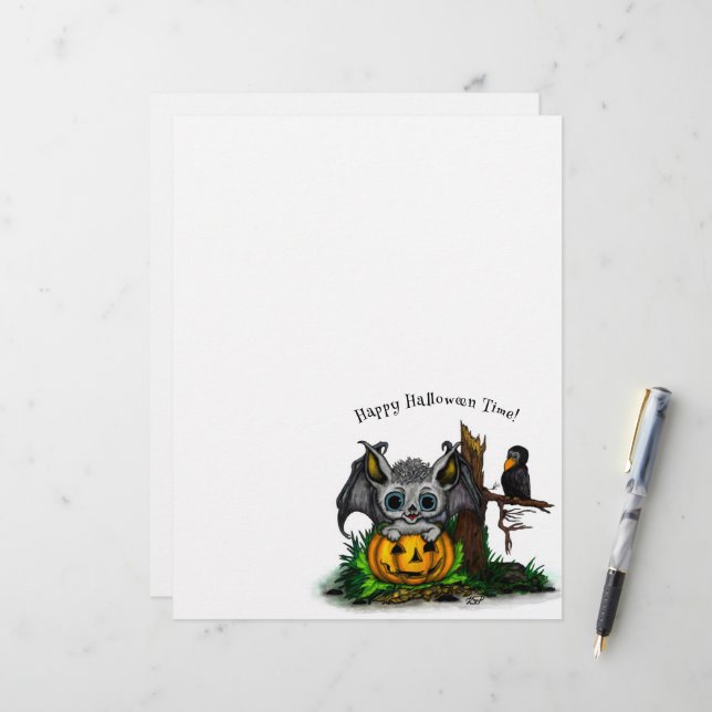 Waiting for Halloween , Cute Bat and Raven Letterhead (Front/Back In Situ)