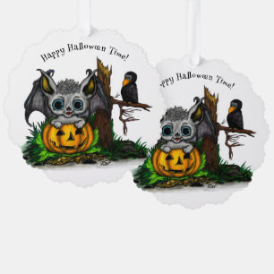Waiting for Halloween , Cute Bat and Raven Ornament Card