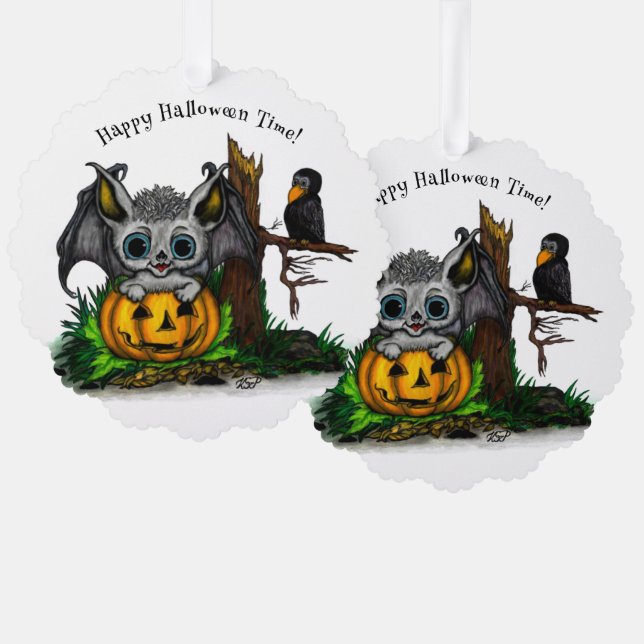 Waiting for Halloween , Cute Bat and Raven Ornament Card (Front/Back)