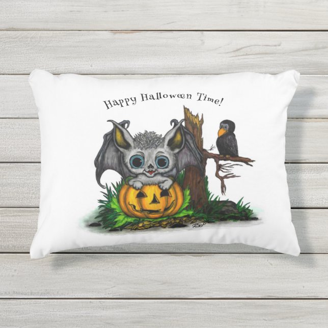 Waiting for Halloween , Cute Bat and Raven Outdoor Pillow (Front)