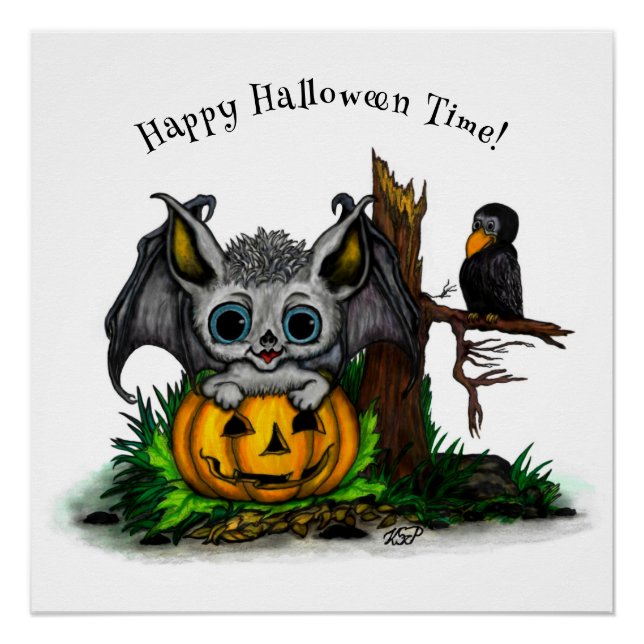 Waiting for Halloween , Cute Bat and Raven Poster (Front)