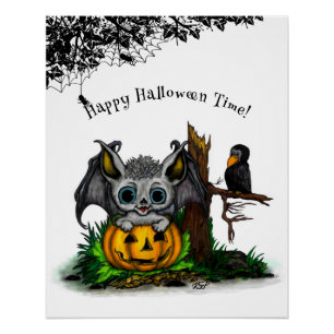 Waiting for Halloween , Cute Bat and Raven Poster