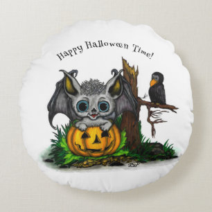 Waiting for Halloween , Cute Bat and Raven Round Pillow