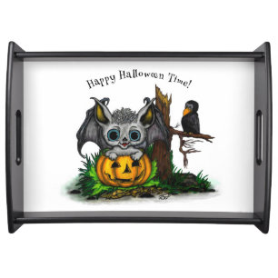 Waiting for Halloween , Cute Bat and Raven Serving Tray