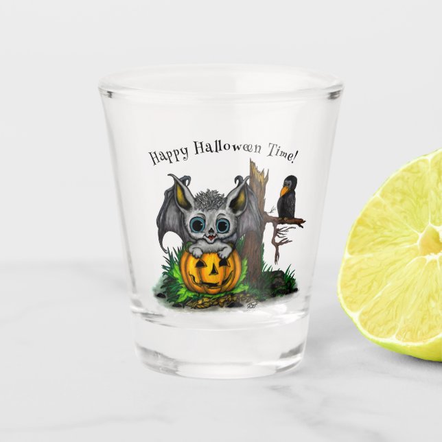 Waiting for Halloween , Cute Bat and Raven Shot Glass (Front)