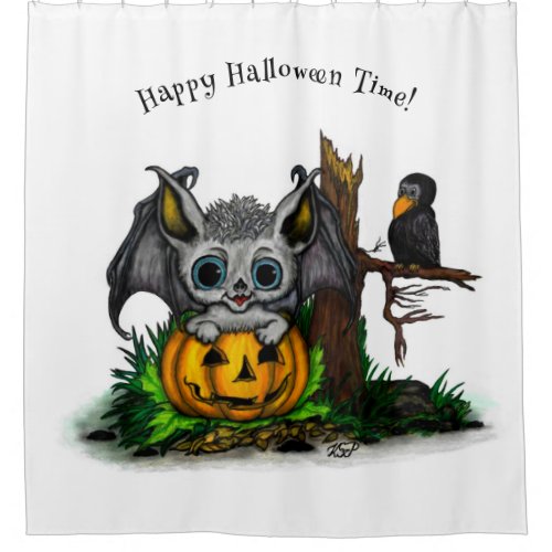 Waiting for Halloween  Cute Bat and Raven Shower Curtain