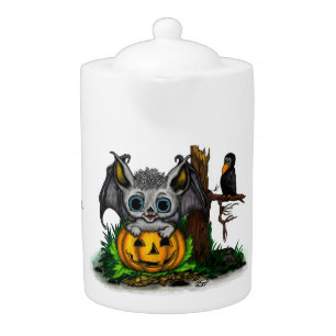 Waiting for Halloween , Cute Bat and Raven Teapot