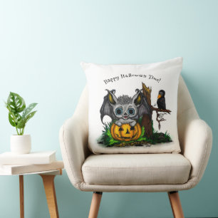 Waiting for Halloween , Cute Bat and Raven Throw Pillow