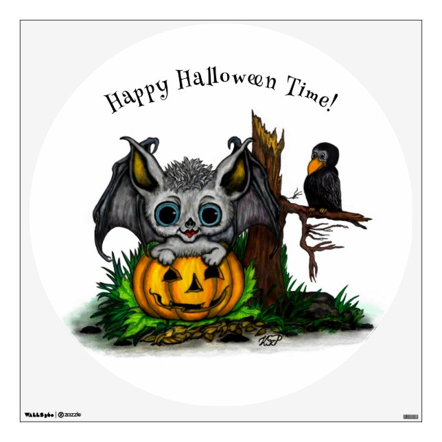 Waiting for Halloween , Cute Bat and Raven Wall Decal (Front)