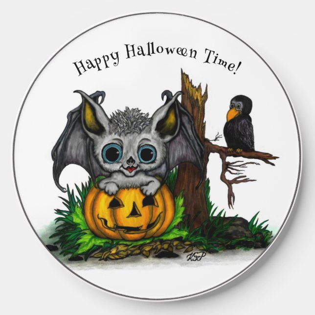 Waiting for Halloween , Cute Bat and Raven Wireless Charger (Front)