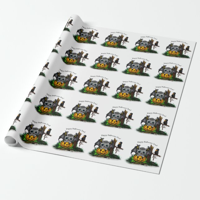 Waiting for Halloween , Cute Bat and Raven Wrapping Paper (Unrolled)