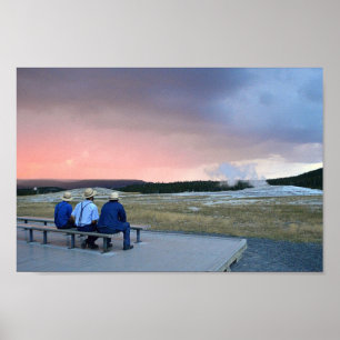 Waiting for Old Faithful Geyser at Sunset Poster