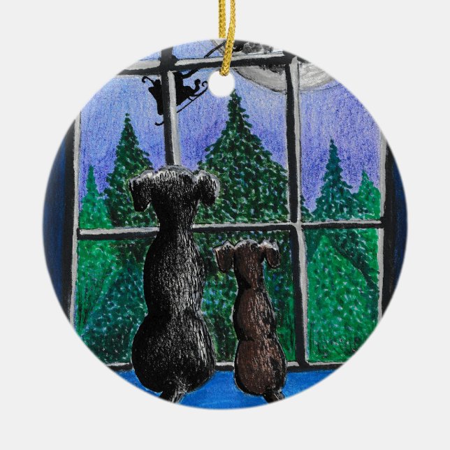 waiting for santa dog  ceramic ornament (Front)