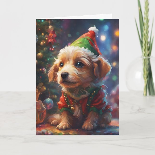 Waiting for Santa, Holiday Dog Greetings, Cute Pup (Front)