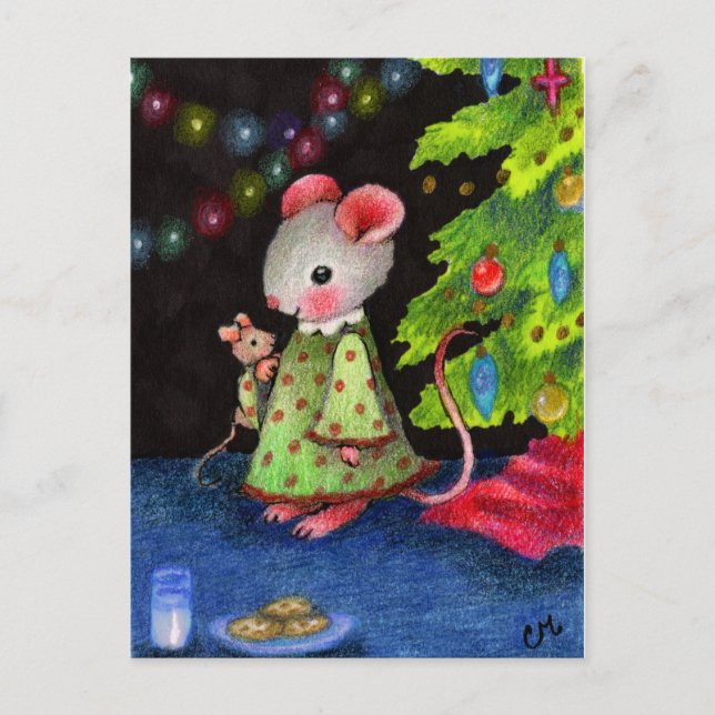 Waiting for Santa Mouse - Cute Christmas Art Holiday Postcard (Front)
