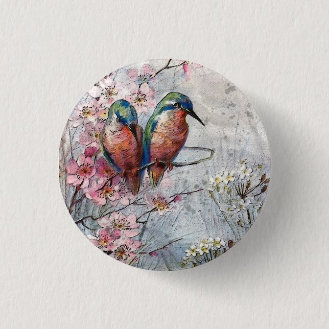 Waiting For Supper Kingfisher Bird      Button (Front)