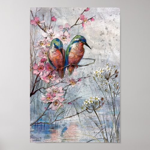 Waiting For Supper Kingfisher Bird Illustration Poster