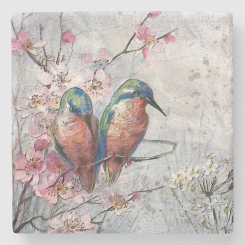 Waiting For Supper Kingfisher Bird Illustration  Stone Coaster