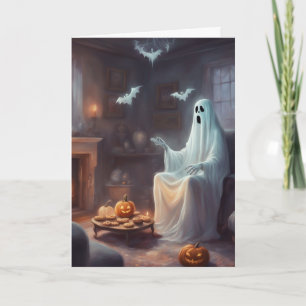 Waiting Ghost Haunted House Halloween Greeting Card