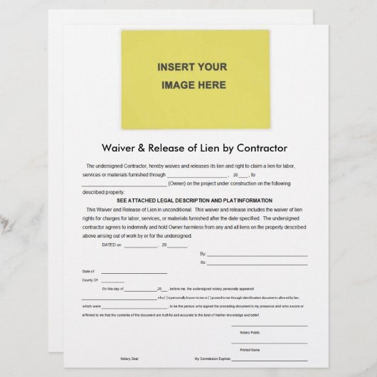 Waiver & Release of Lien by Contractor Form (Front/Back)
