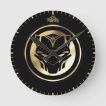 Wakanda Forever | Golden Black Panther Medallion Round Clock at Zazzle