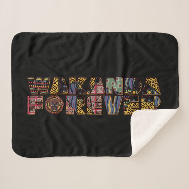 Wakanda Forever Patterned Letters Sherpa Blanket (Front (Horizontal))