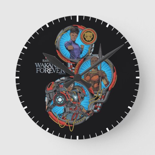 Wakanda Forever  Shuri Okoye Iron Heart Round Clock