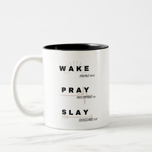 WAKE Psalm 1438 PRAY Philippians 46 SLAY Two_Tone Coffee Mug