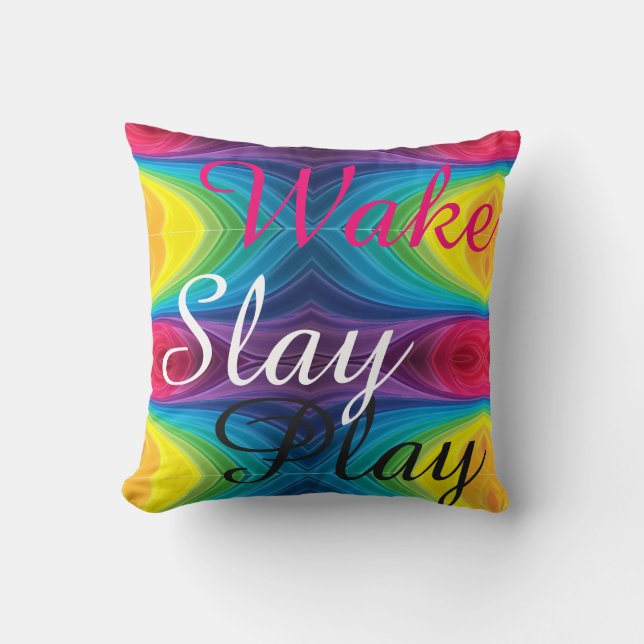 Wake Slay Play Rainbow REVERSABLE Throw Pillow (Front)