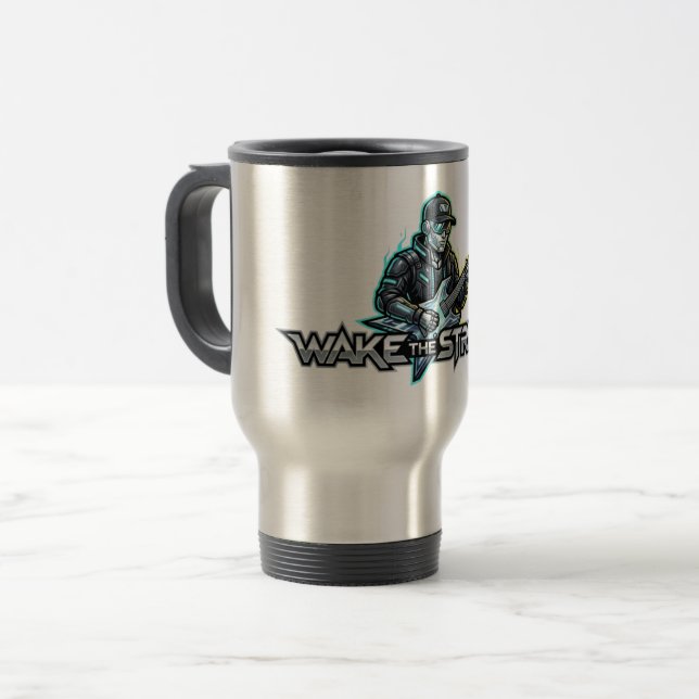 Wake The Strings Retro Future Art Travel Mug (Front Left)