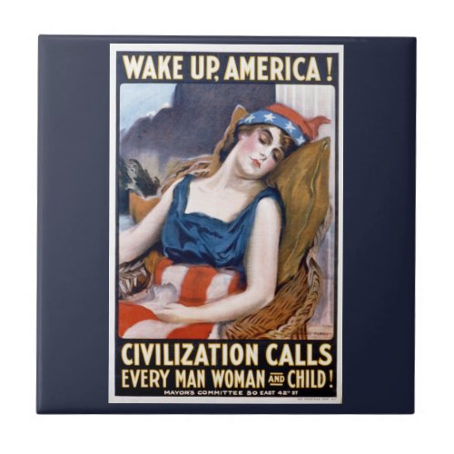 Wake Up America Vintage Patriotic Freedom Art Ceramic Tile