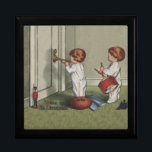 Wake Up Its Christmas cute child illustration Keepsake Box<br><div class="desc">Vintage Wake up It's Christmas - a cute old fashioned illustration Christmas for children! This is based on an old-fashioned postcard from 1918. Sweet little toddlers up at the crack of dawn announcing to Mom and Dad that Christmas is here! Children are standing outside mommy and daddy's bedroom door. One...</div>