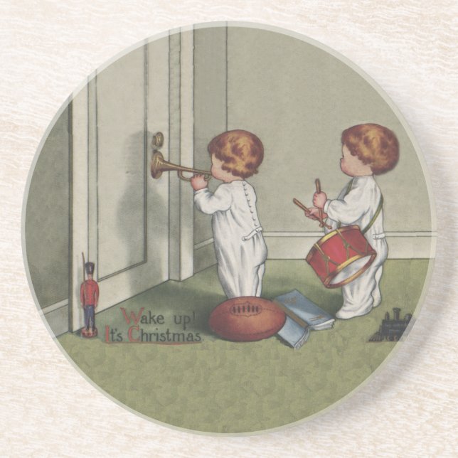 Wake Up Its Christmas cute child illustration Sandstone Coaster (Front)