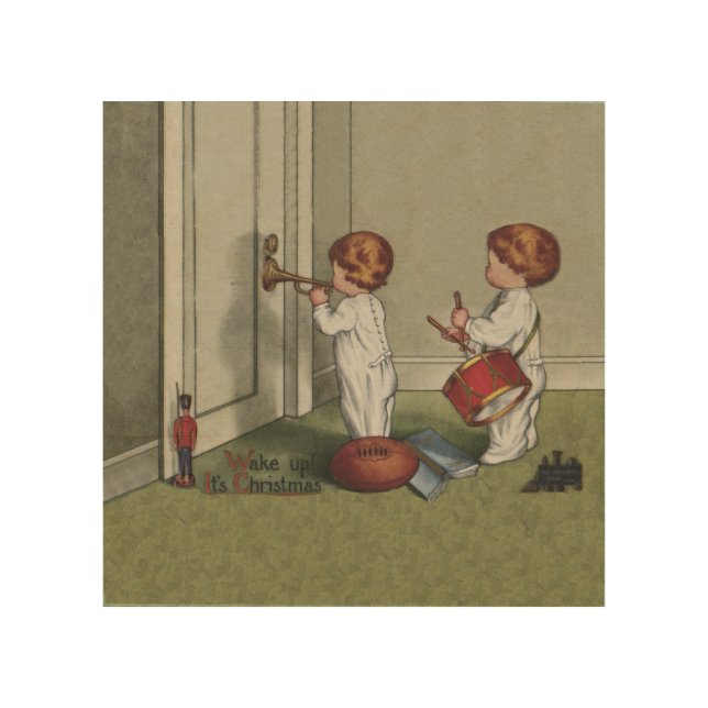 Wake Up Its Christmas cute child illustration Wood Wall Art (Front)
