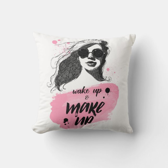 Wake Up & Make Up Throw Pillow (Front)