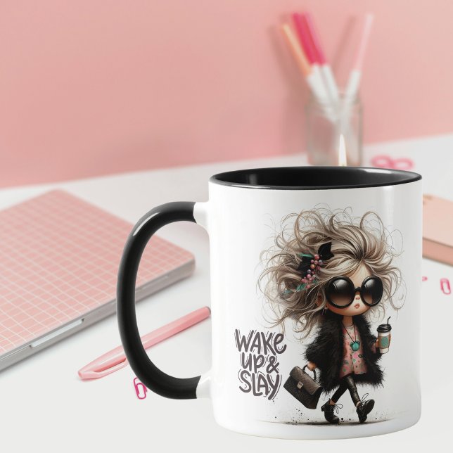 "Wake Up & Slay" Quirky Big Haired Latte Girl Mug (Creator Uploaded)