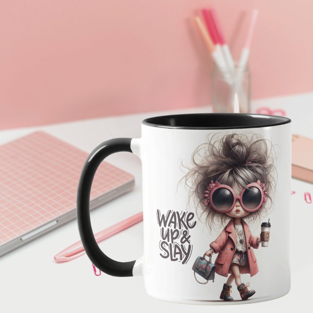 "Wake Up & Slay" Whimsical Latte Girl Boss Coffee Mug (Creator Uploaded)