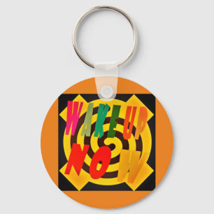 Wake you up now design block art words crossed keychain