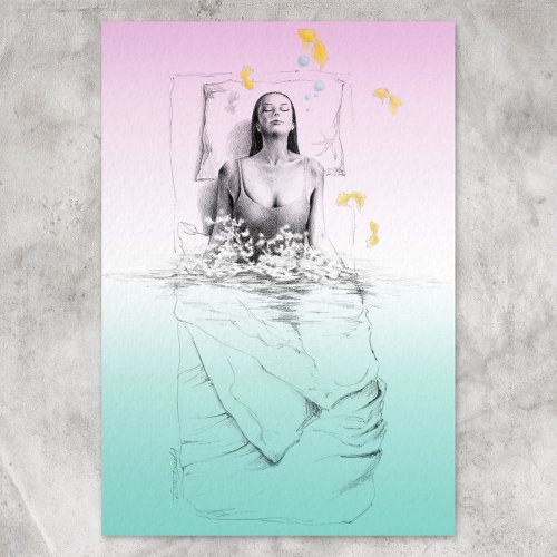 Waking up Woman Swimming Pastel colors Surreal art Photo Print