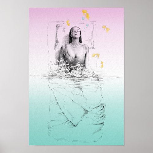 Waking up Woman Swimming Pastel colors Surreal art Poster