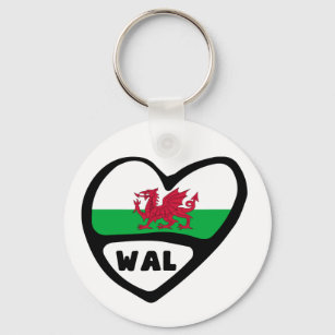 Wales Country Code Flag Heart Keyring, WAL, Cymru Keychain
