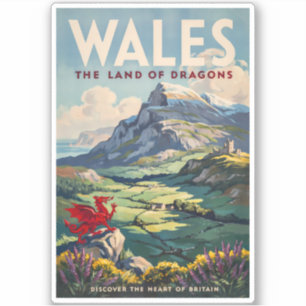 Wales Dragon Illustration Travel Art Vintage Sticker