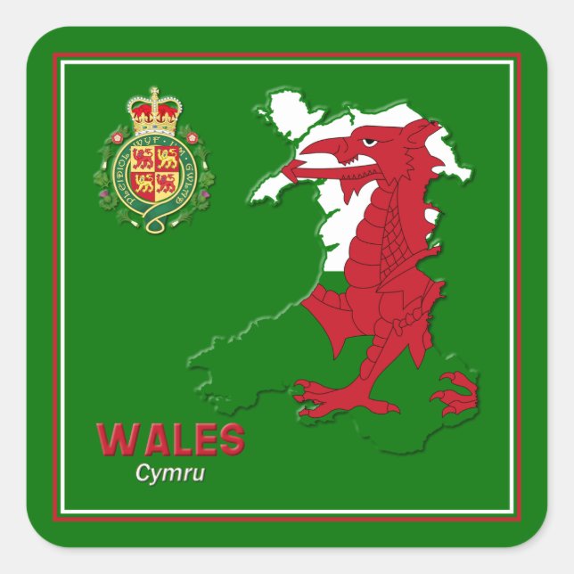 Wales Flag Map & Royal Badge Square Sticker (Front)