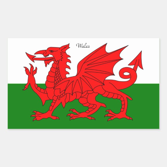 WALES: Flag of Wales with text "Wales" Rectangular Sticker (Front)