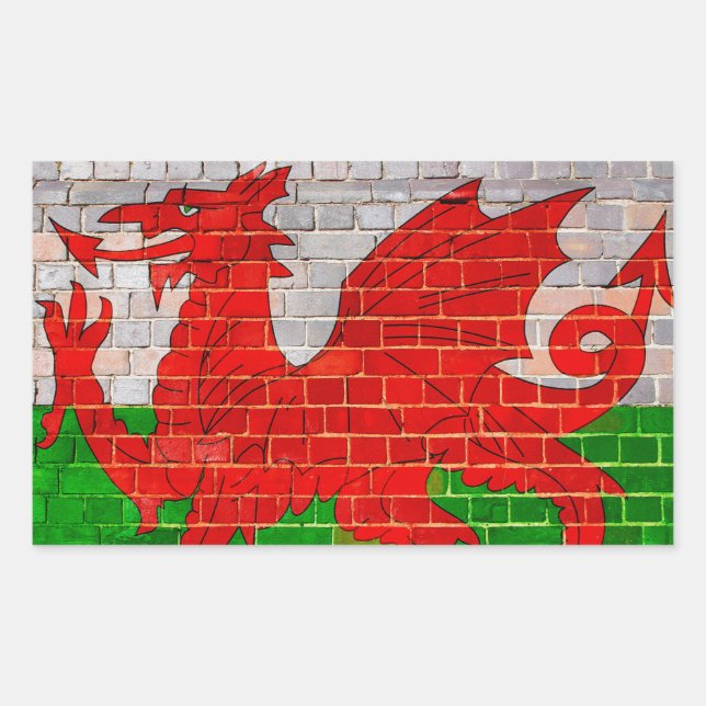 Wales flag on a brick wall rectangular sticker (Front)