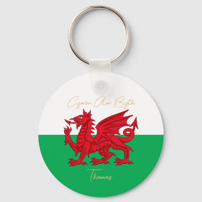 Wales For Ever Welsh Dragon Monogram Name Text Keychain (Front)