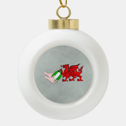 Wales Rugby Team  Dragon With Rugby Ball Ceramic Ball Christmas Ornament