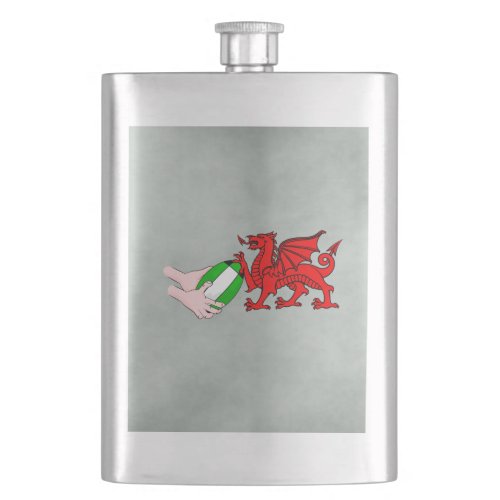 Wales Rugby Team  Dragon With Rugby Ball Flask
